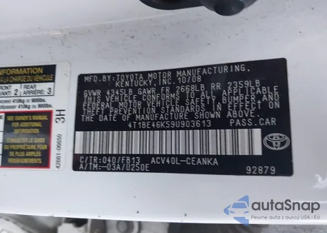 2009 Toyota Camry Le z USA, uszkodzony, nr VIN 4T1BE46K59U903613